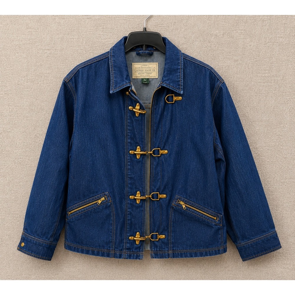 Ralph Lauren Vintage Women Denim Jacket L Blue Fireman Toggle Brass Hardware